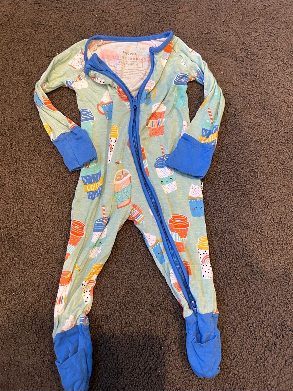 LITTLE SLEEPIES  Zip Footed One-Piece Pajamas - Mint with Blue Trim